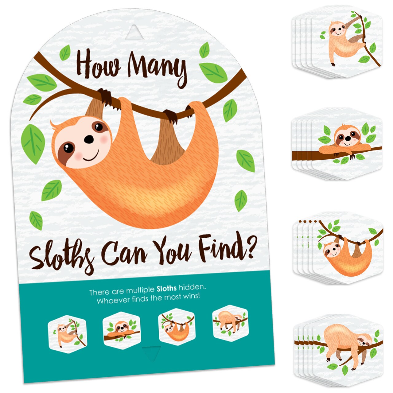 Big Dot of Happiness Let’s Hang - Sloth - Baby Shower or Birthday Party Scavenger Hunt - 1 Stand and 48 Game Pieces - Hide and Find Game